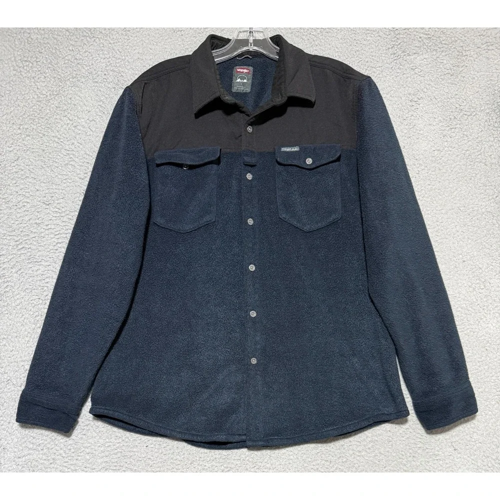 Wrangler Men's Outdoor Overlay Navy Fleece Button Up Shirt Large Warm